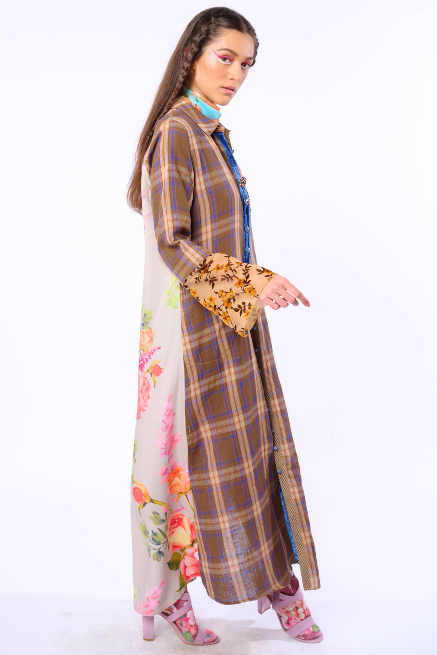 Anna Button Up Shirt Dress | Plaid Maxi | Peacock Print