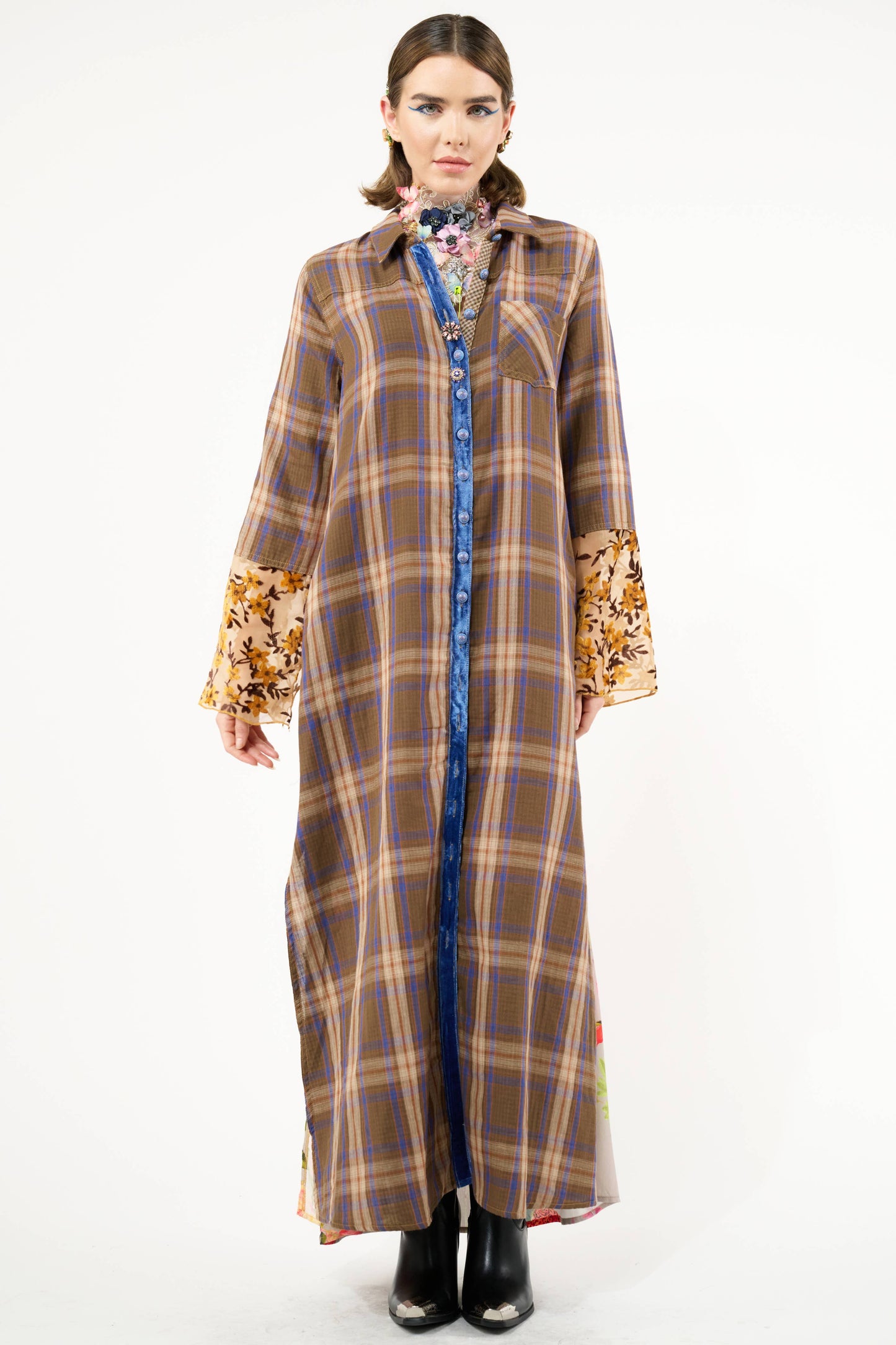 Anna Button Up Shirt Dress | Plaid Maxi | Peacock Print