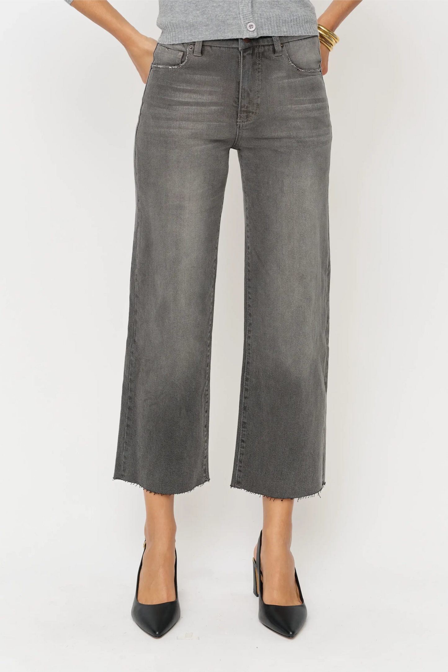 Aberdeen High Rise Wide Leg Crop Grey Worn