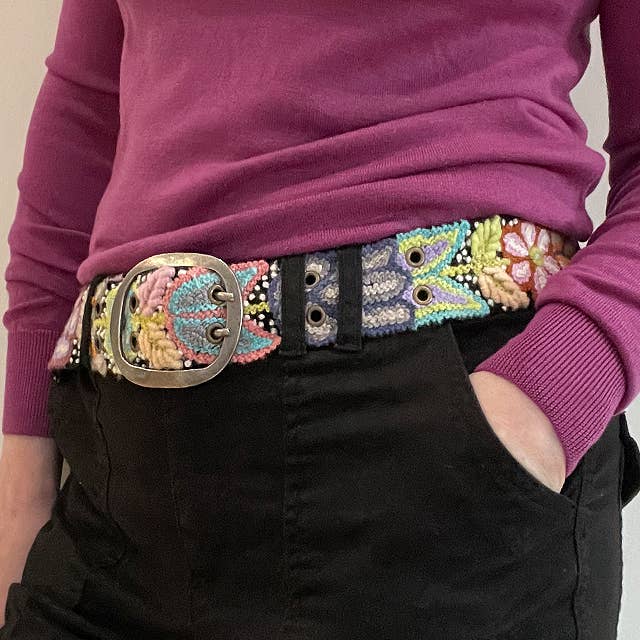Folklorica Floral Embroidered Wool Belt, Black
