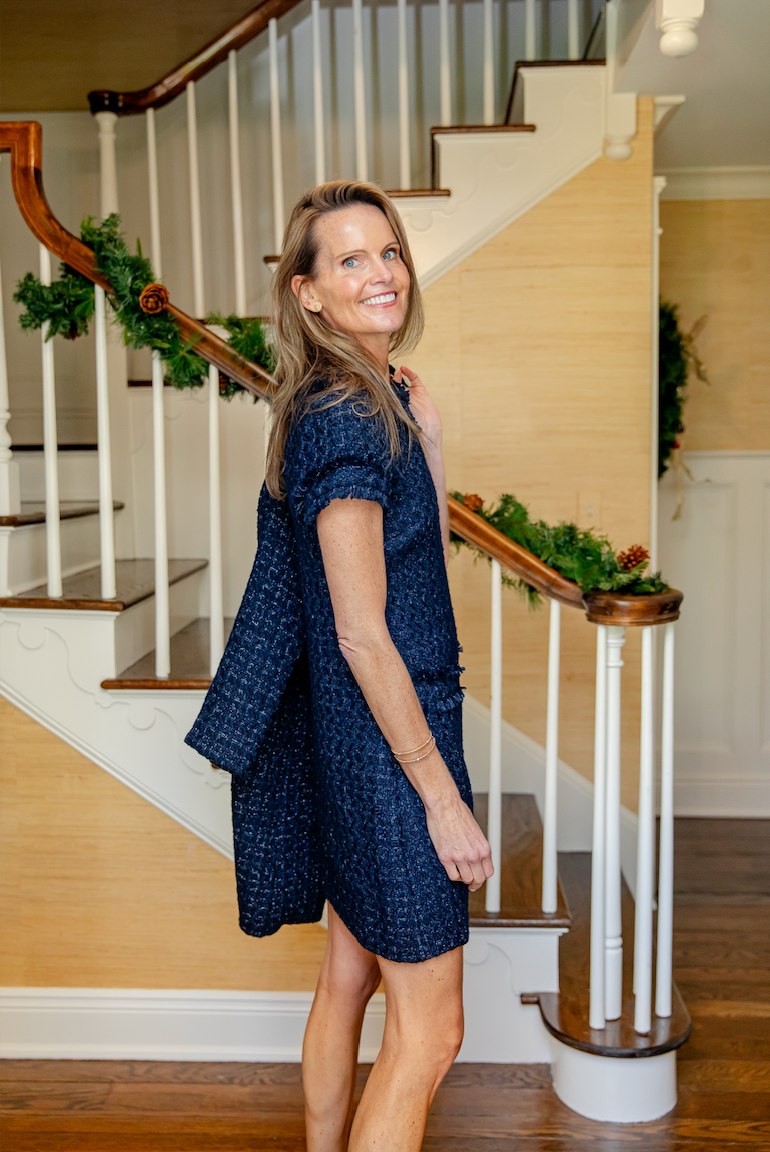 Navy Metallic Tweed Button Front Coat