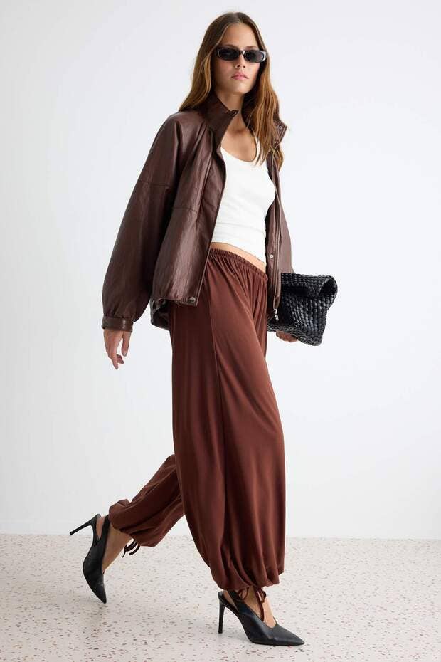 Brown Modal Tie-Waist Harem Pants