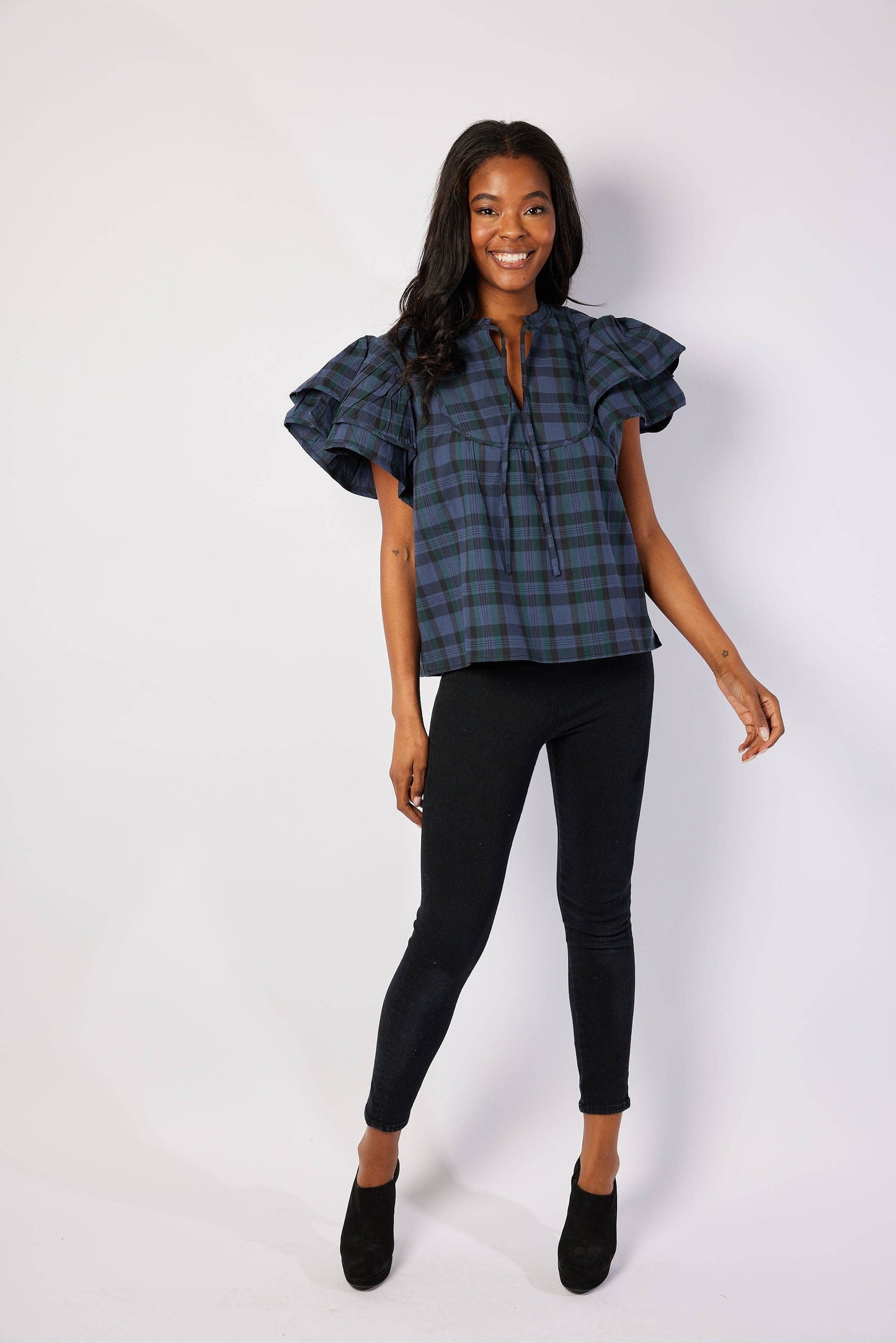 Blackwatch Tartan Ruffle Sleeve Top