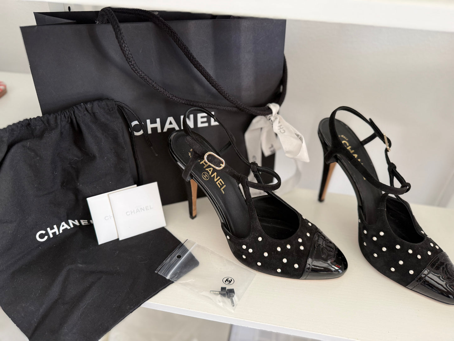 Chanel Pearl-Studded Suede Cap-Toe Slingback Heels - Luxury Consignment