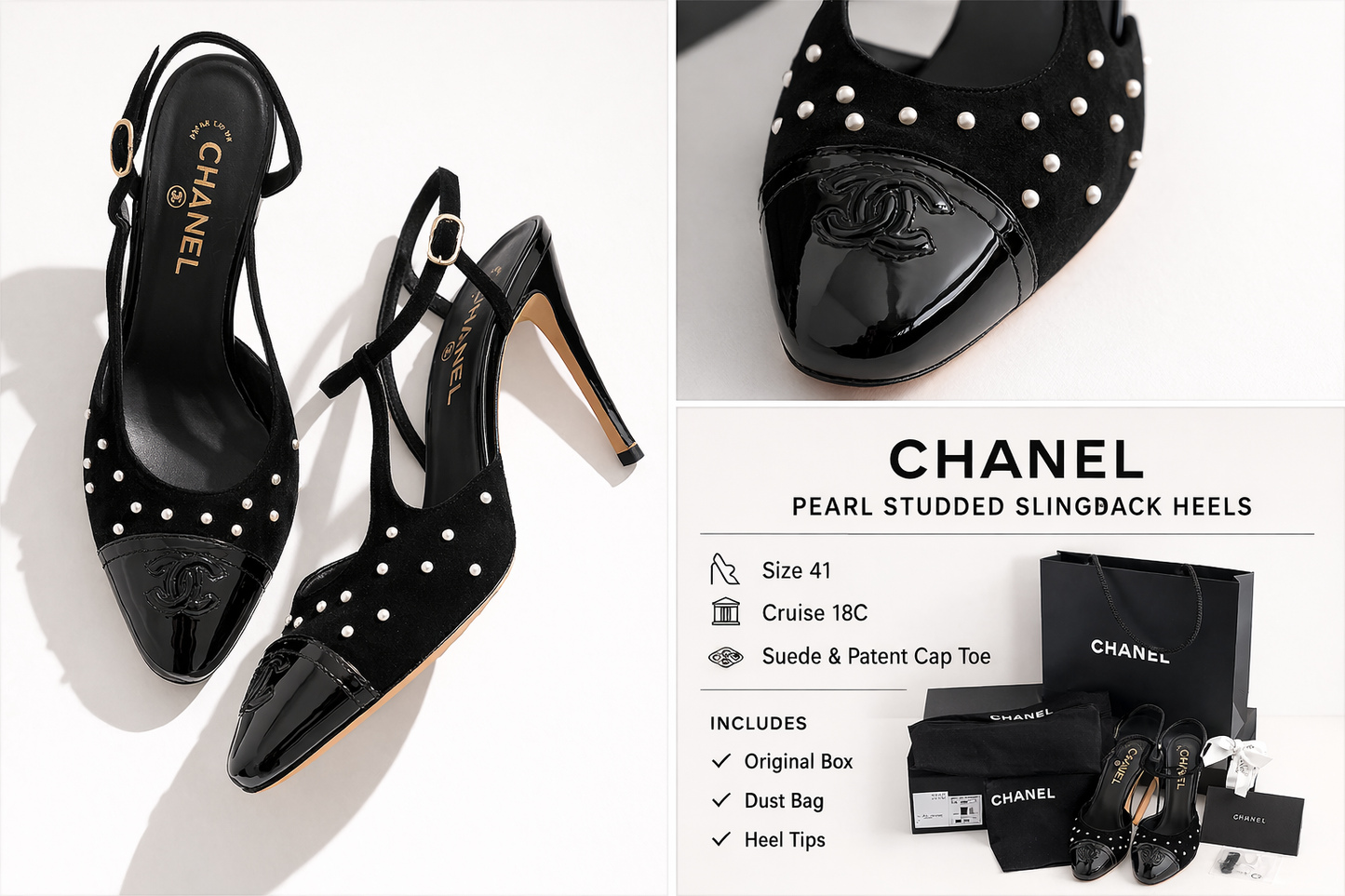 Chanel Pearl-Studded Suede Cap-Toe Slingback Heels - Luxury Consignment