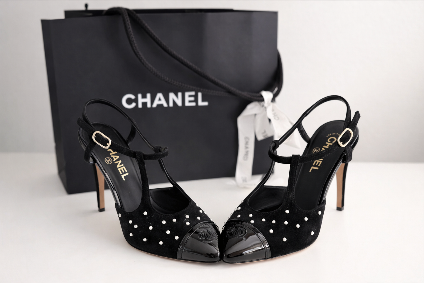 Chanel Pearl-Studded Suede Cap-Toe Slingback Heels - Luxury Consignment