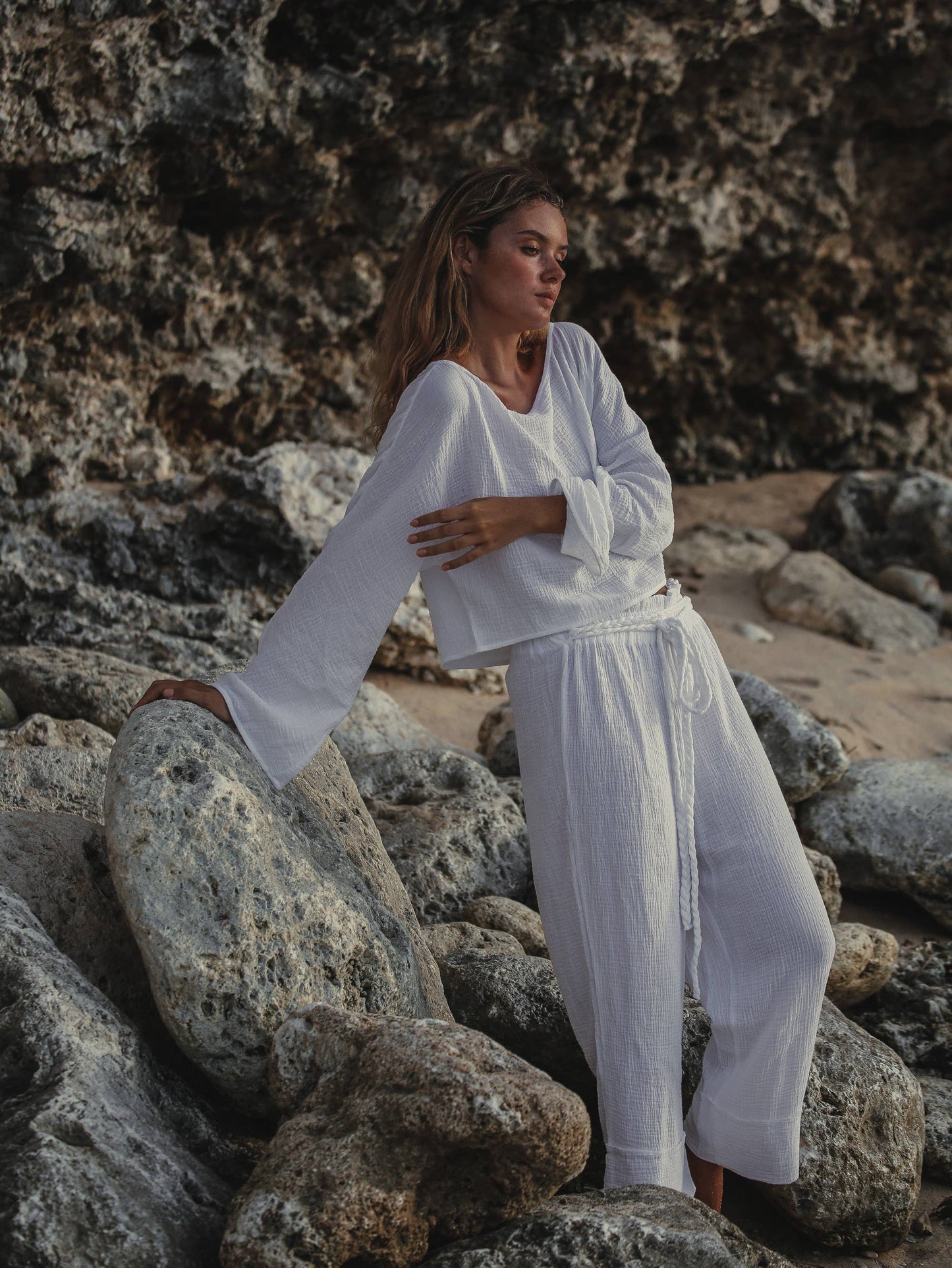 Paloma Paper Bag Pants - White | 100% Turkish Cotton Bohemia