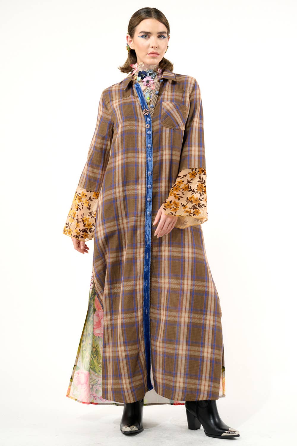 Anna Button Up Shirt Dress | Plaid Maxi | Peacock Print
