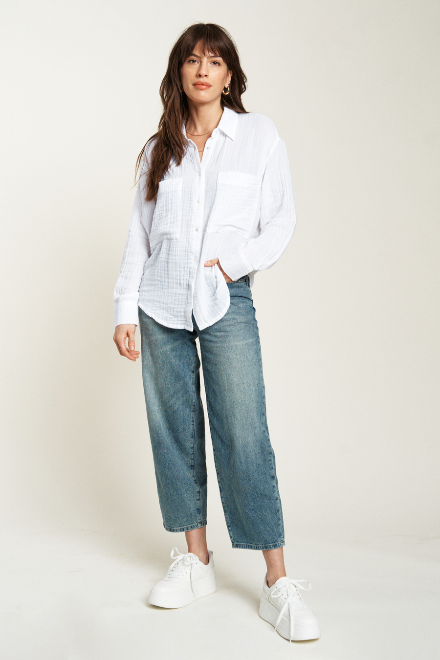 Pierre Button-Up Gauze Shirt, Cloudscape