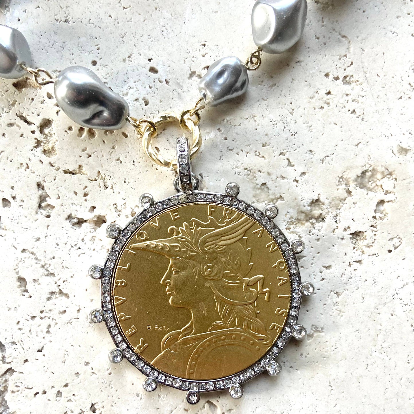 French coin necklace vintage style boutique jewelry salon 
