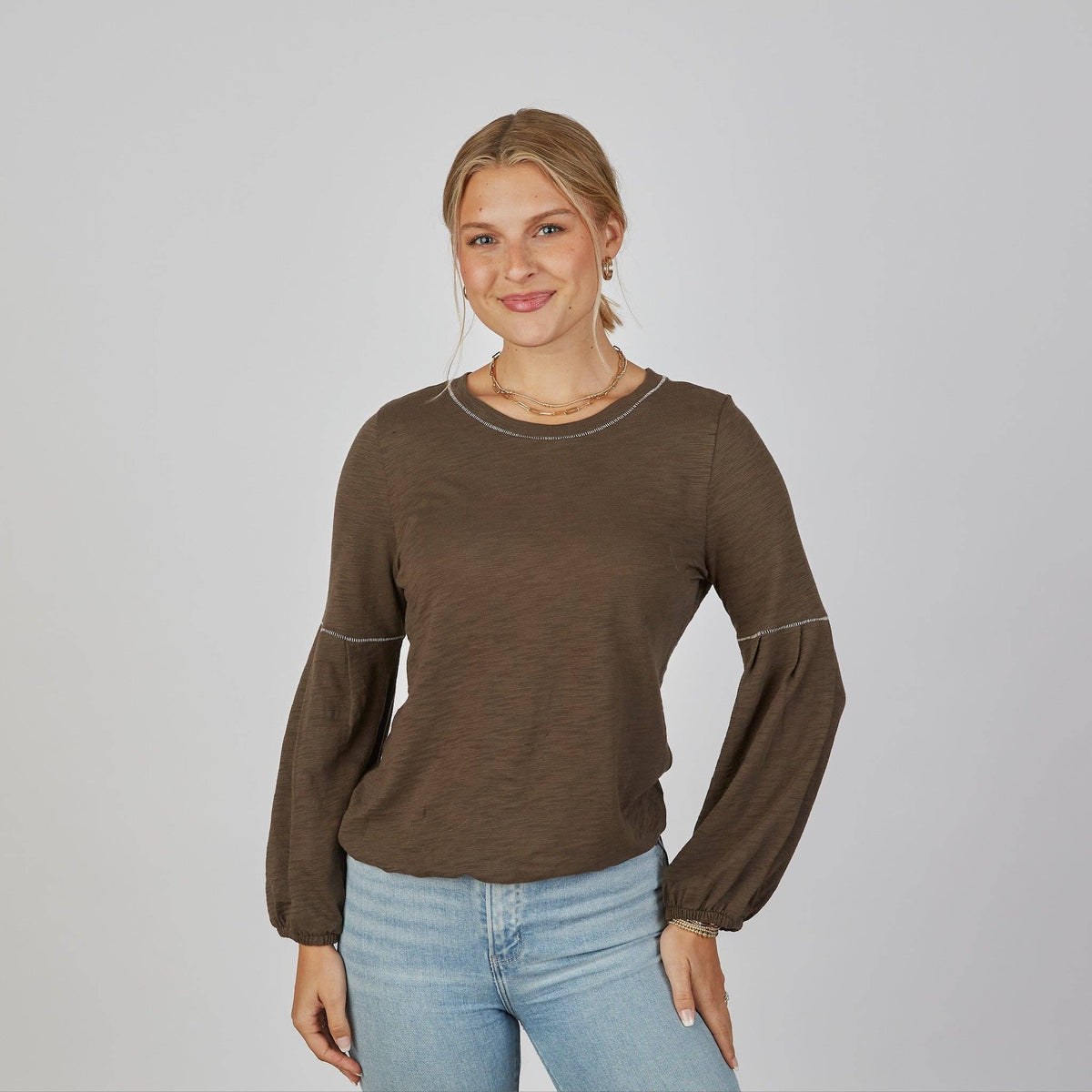 English Popover Top in Espresso Brown - Long Sleeve