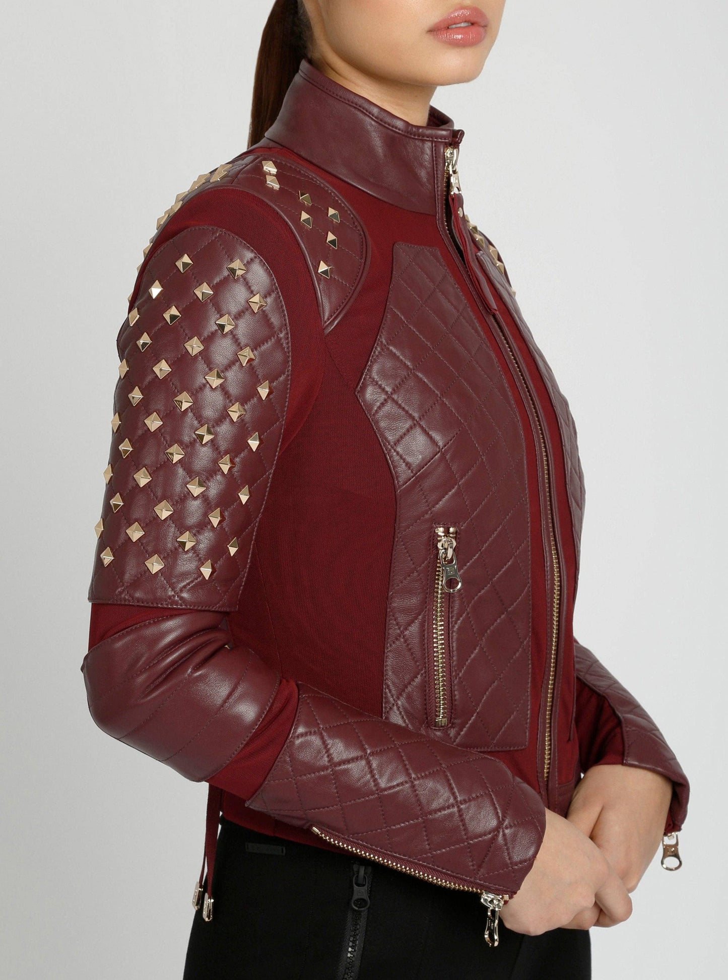 Pyramid Stud Mesh Genuine Leather Moto Jacket