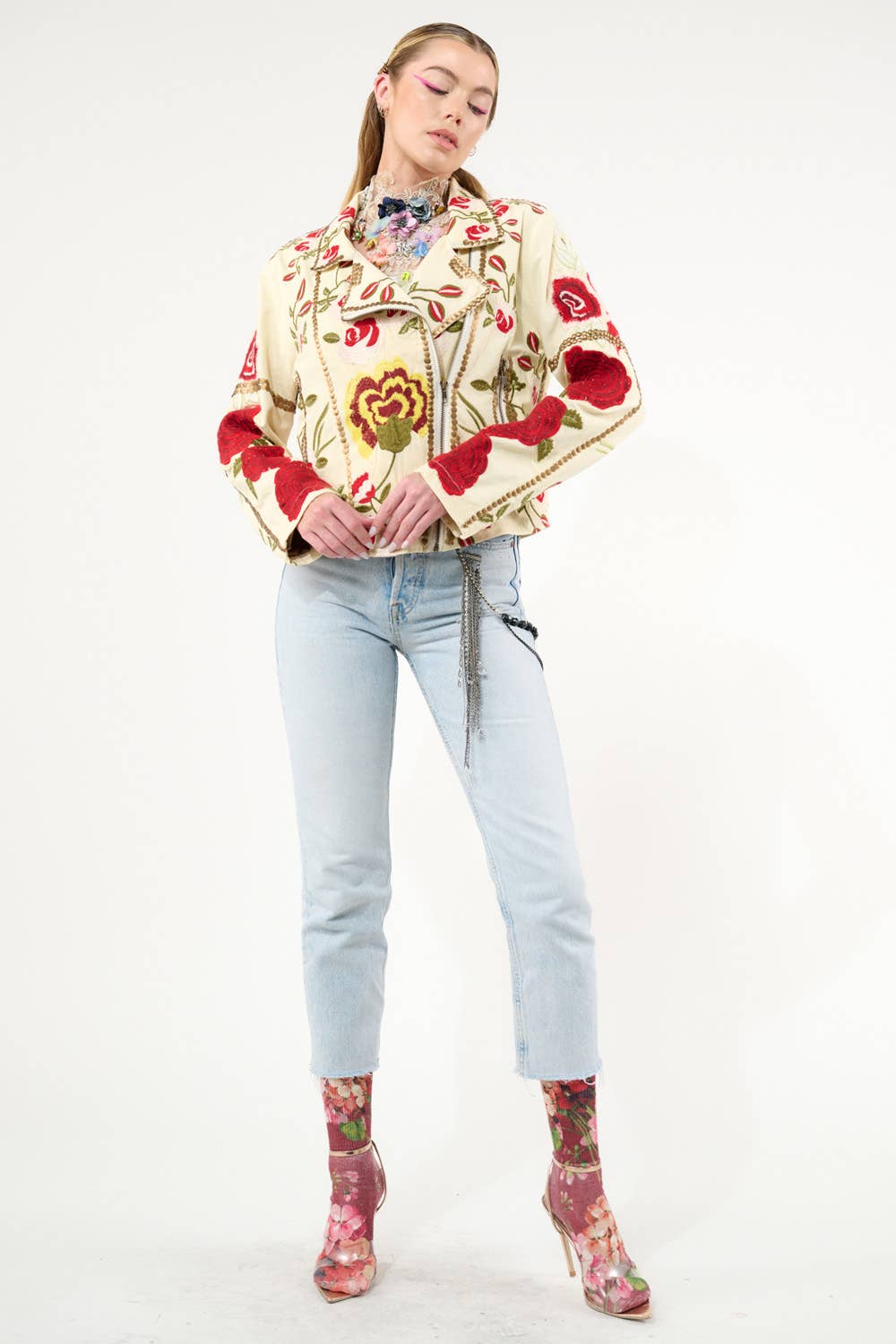 Carmen Embroidered Denim Motorcycle Jacket