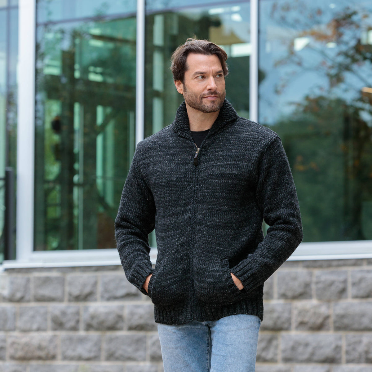 Lodge Hand Crafted Wool Sweater – Shawl Collar Zip Jacket