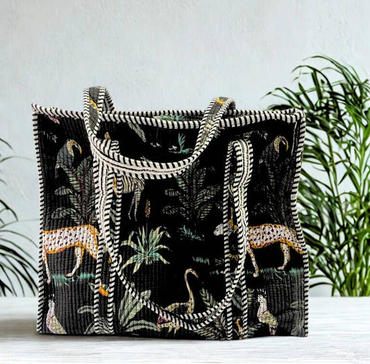 Block Print Quilted Tote Bag ~ Black Jungle