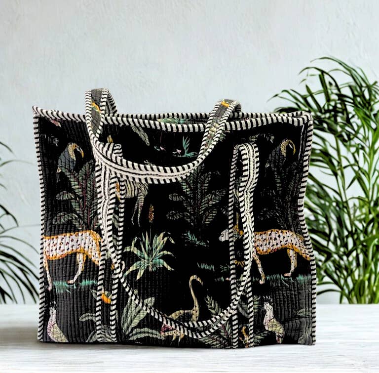 Block Print Quilted Tote Bag ~ Black Jungle