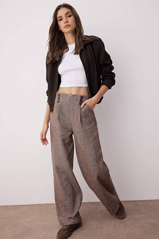 Brown Button-Detailed Winter Palazzo Pants