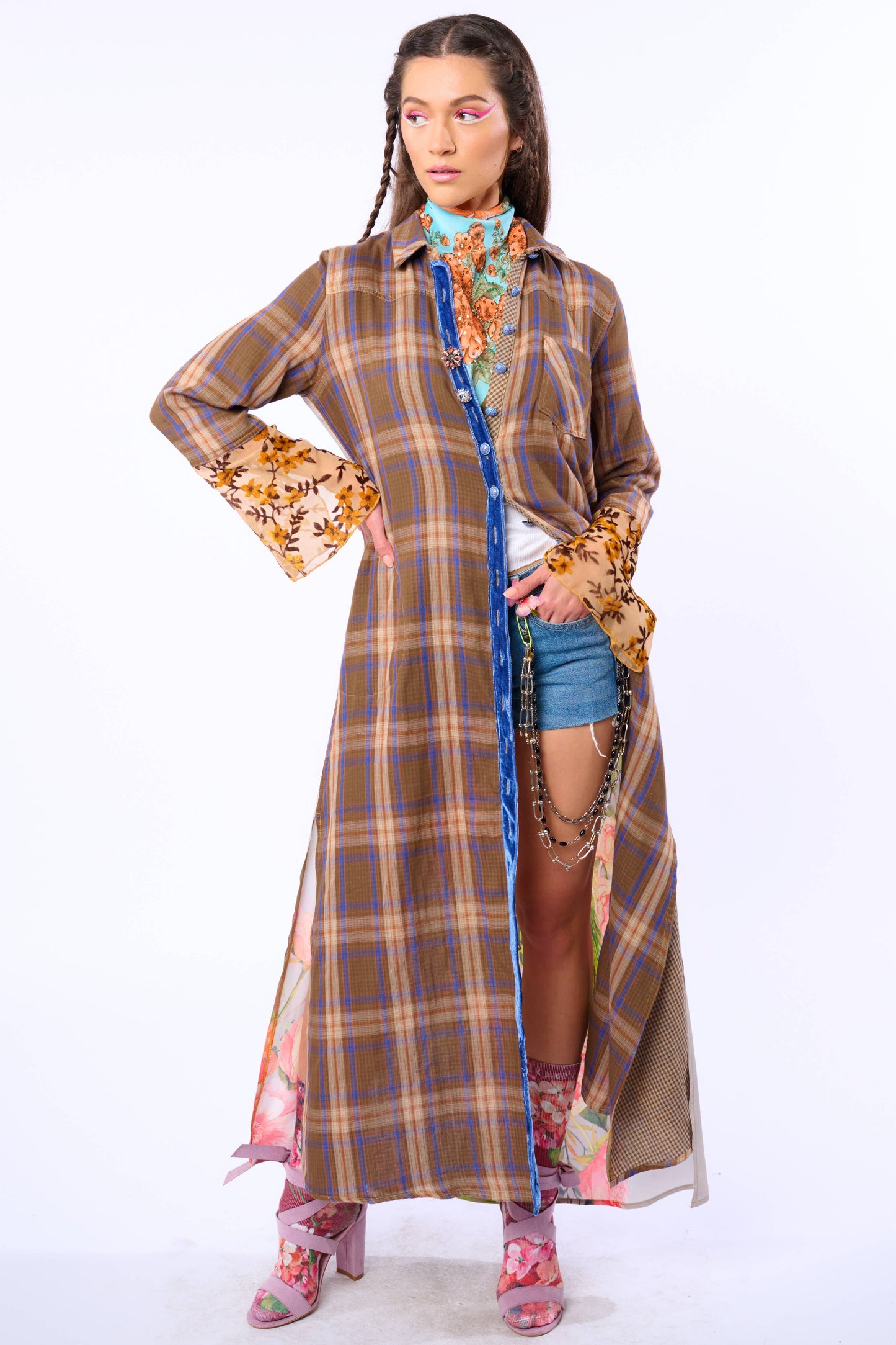 Anna Button Up Shirt Dress | Plaid Maxi | Peacock Print
