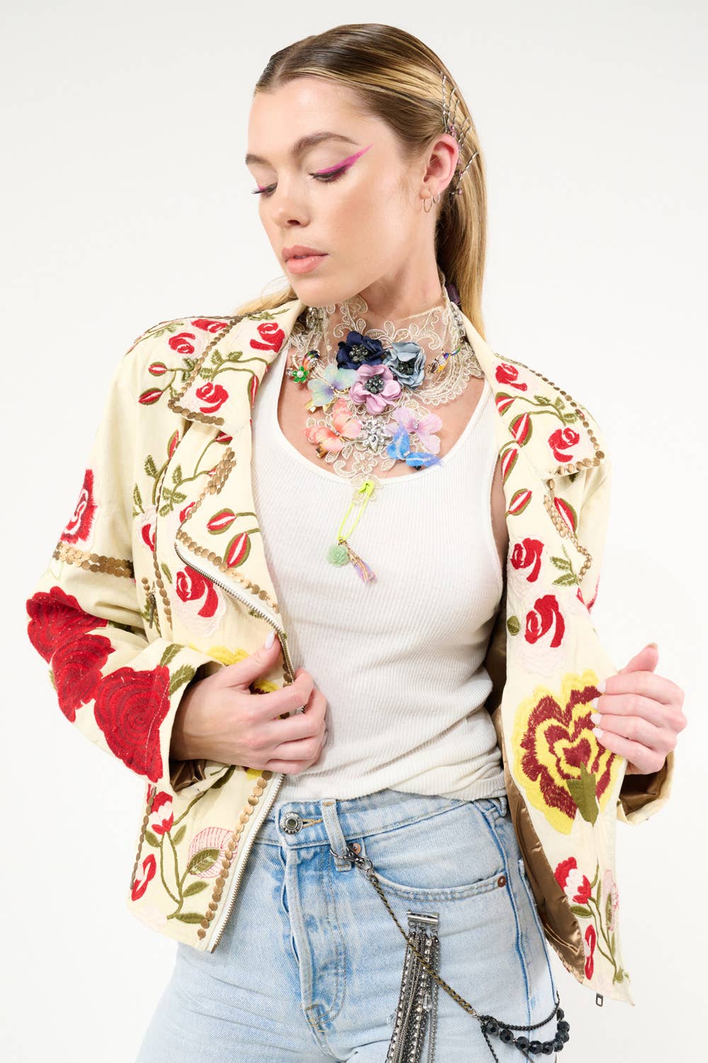 Carmen Embroidered Denim Motorcycle Jacket
