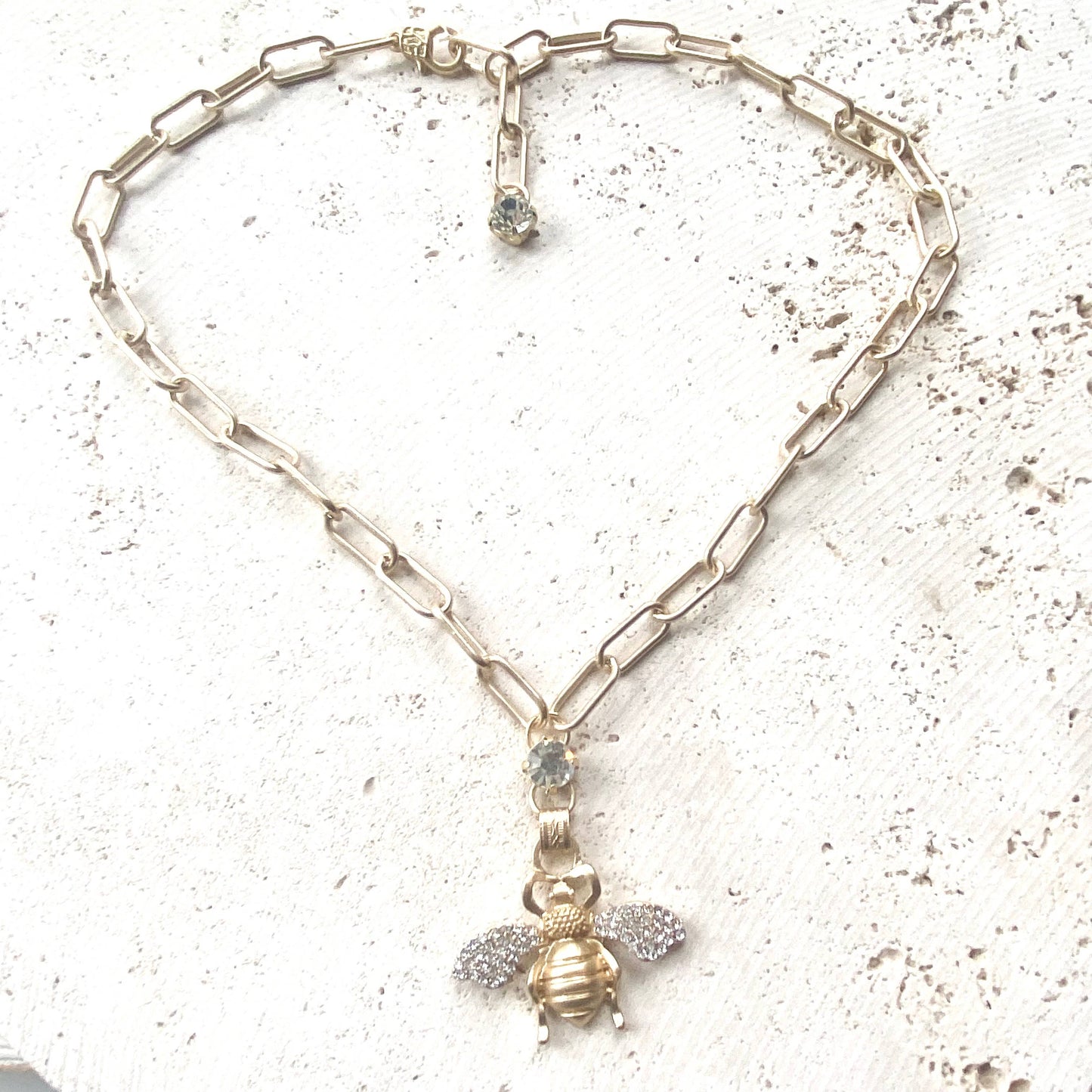 Bee Crystal Necklace - Matte Gold