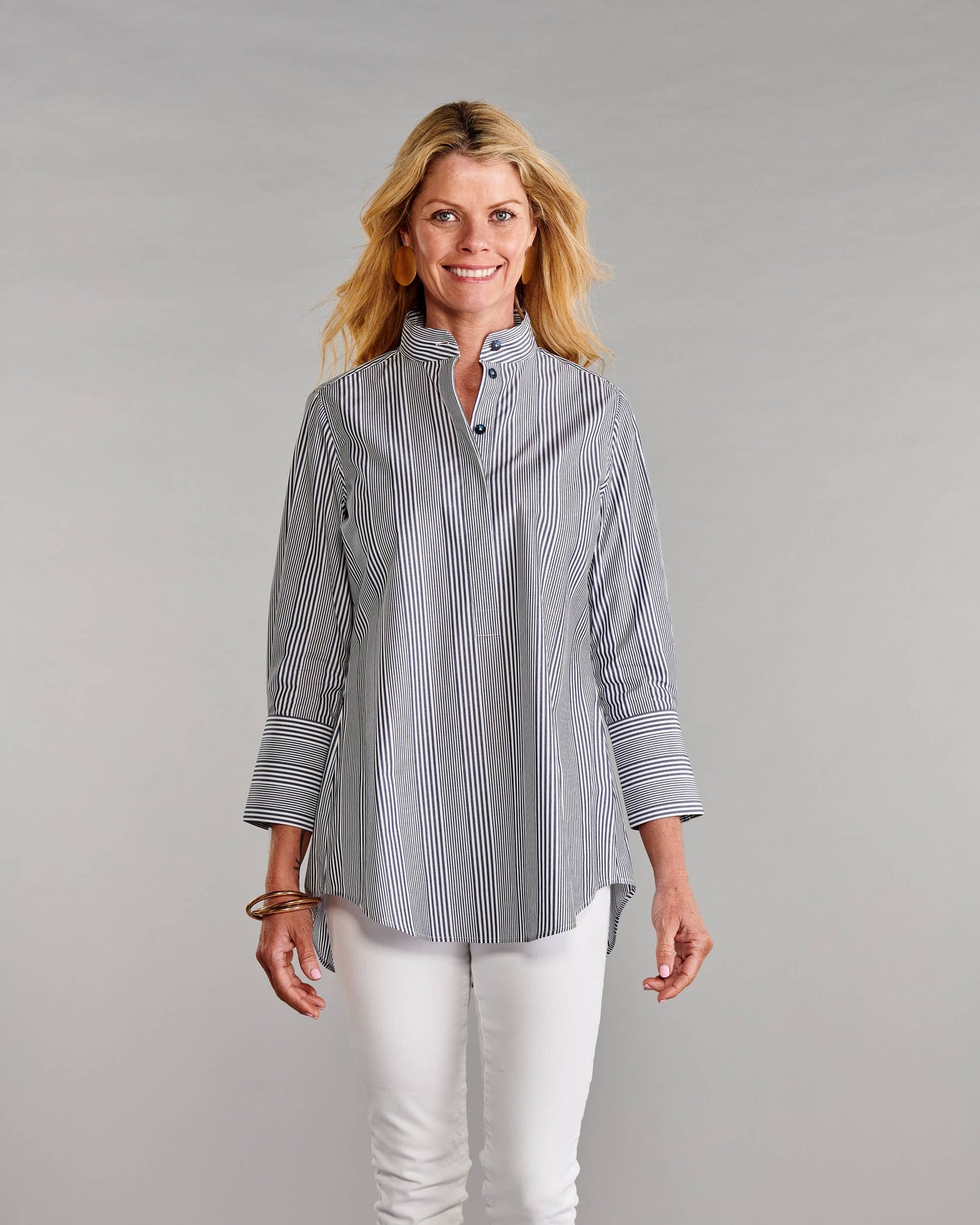 The Mandarin Tunic II in Blue with White Track Stripes
