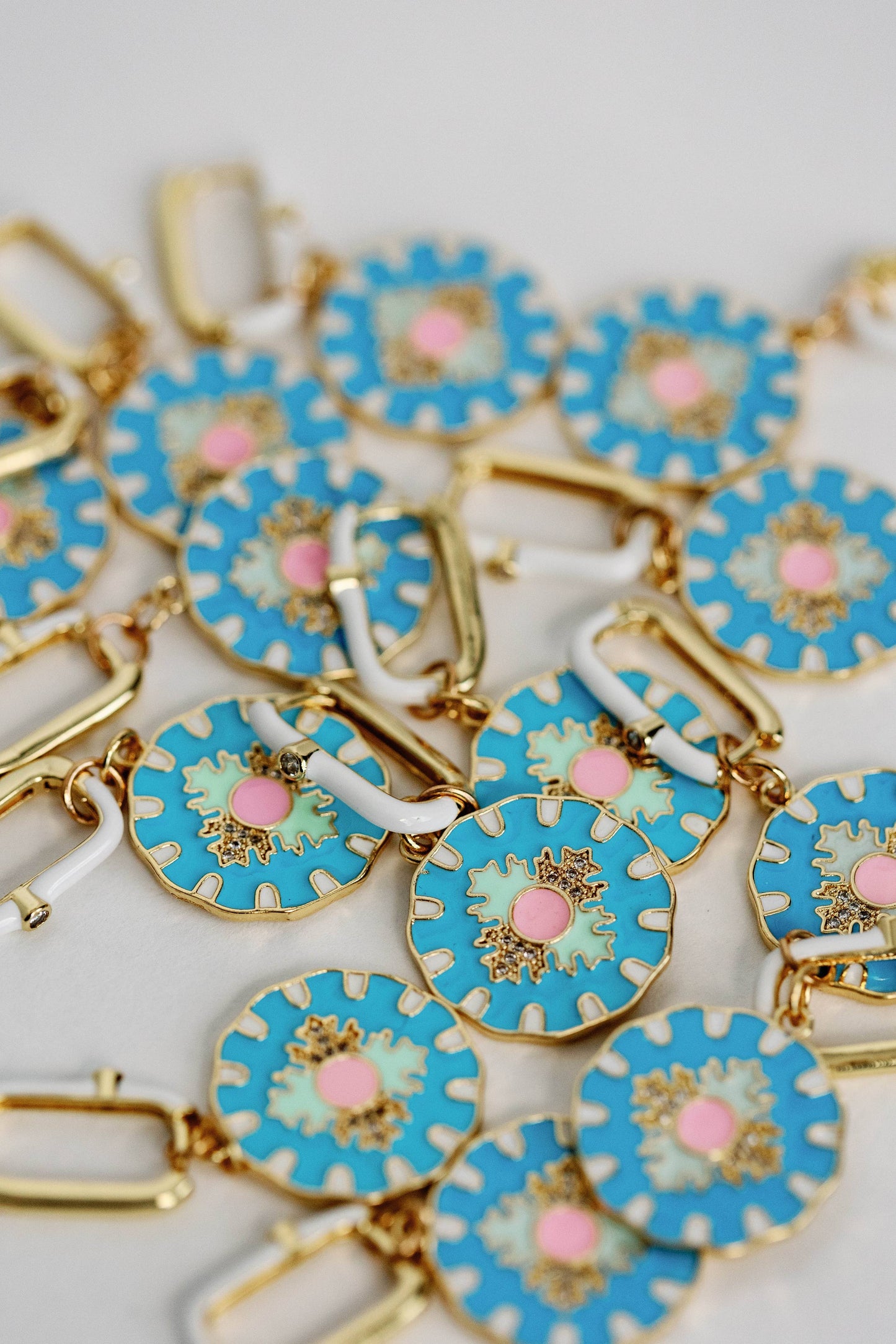 Blue Capri Tile Enamel Charm Statement Earrings