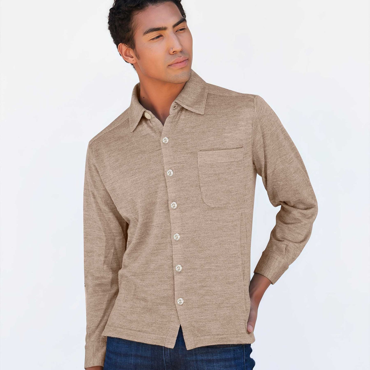 Alicia Adams Alpaca men's Knit Shirt in Light Taupe