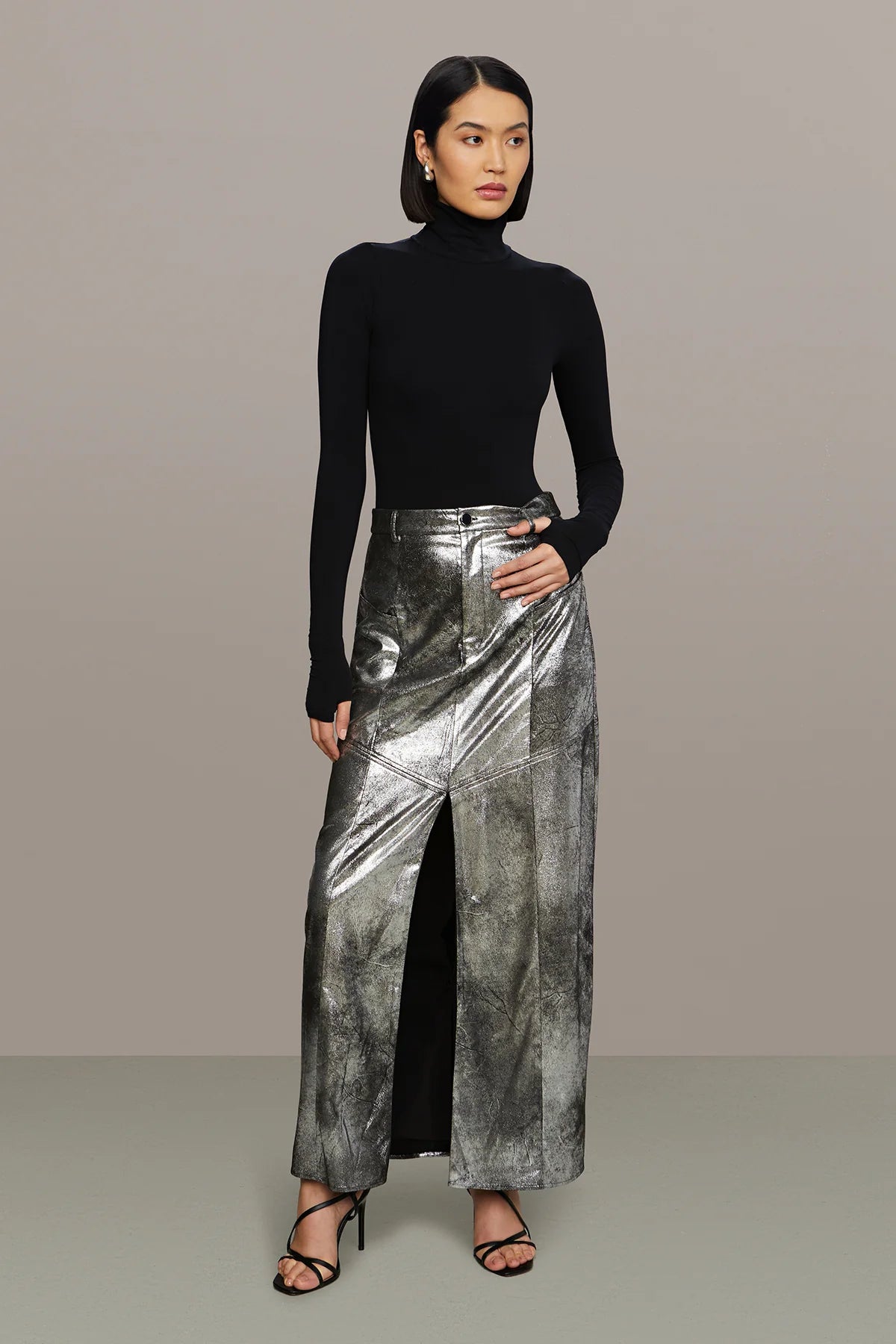 Midi Leather Skirt in Chrome