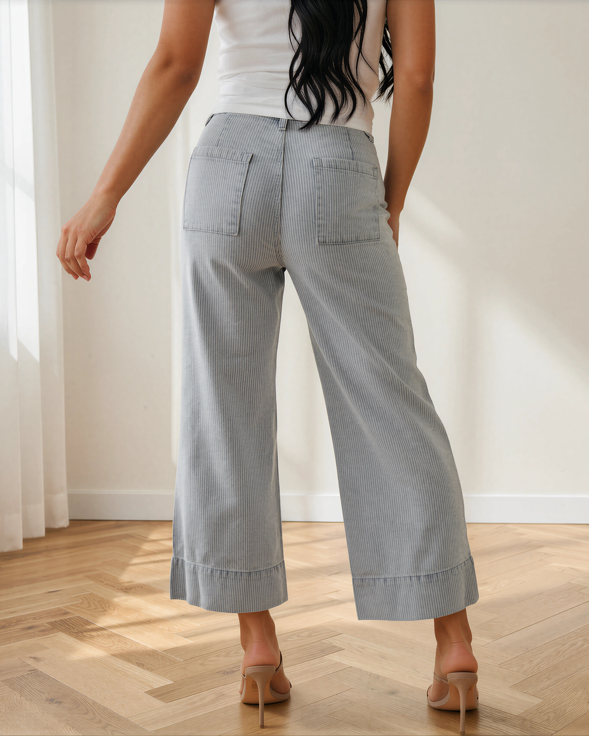 Camille Sky Blue Stripe Wide Leg Jeans | Cuffed Denim