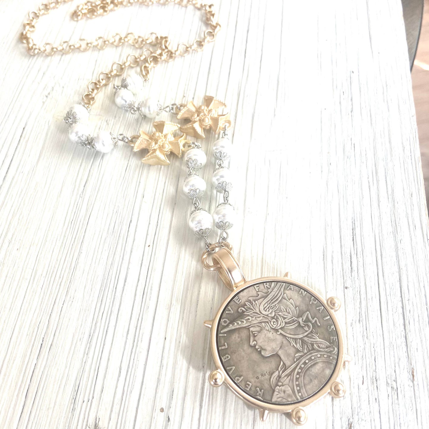 French coin medallion necklace vintage boutique jewelry