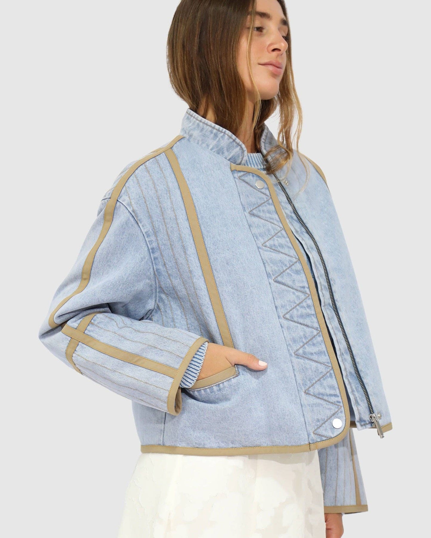 Free And Forward Quilted Denim Jacket - Light Denim Wash
