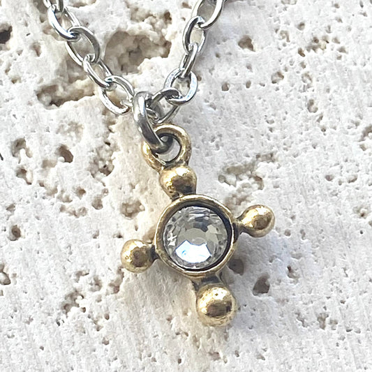 Tiny cross necklace with clear crystal religious mixed metal