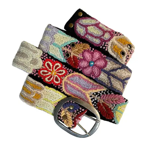 Folklorica Floral Embroidered Wool Belt, Black
