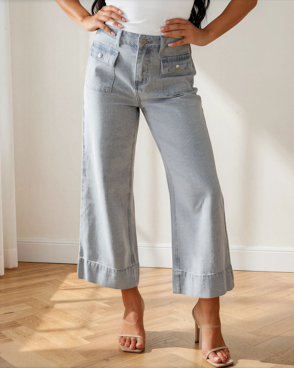 Camille Sky Blue Stripe Wide Leg Jeans | Cuffed Denim
