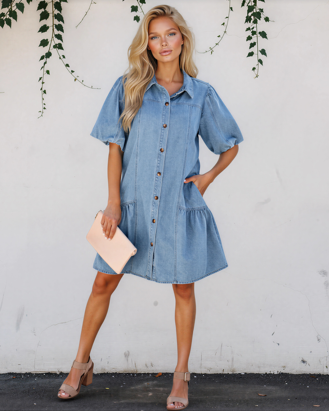 Rowen Button Down Short Puff Sleeve Ruffle Hem Patchwork Denim Dress