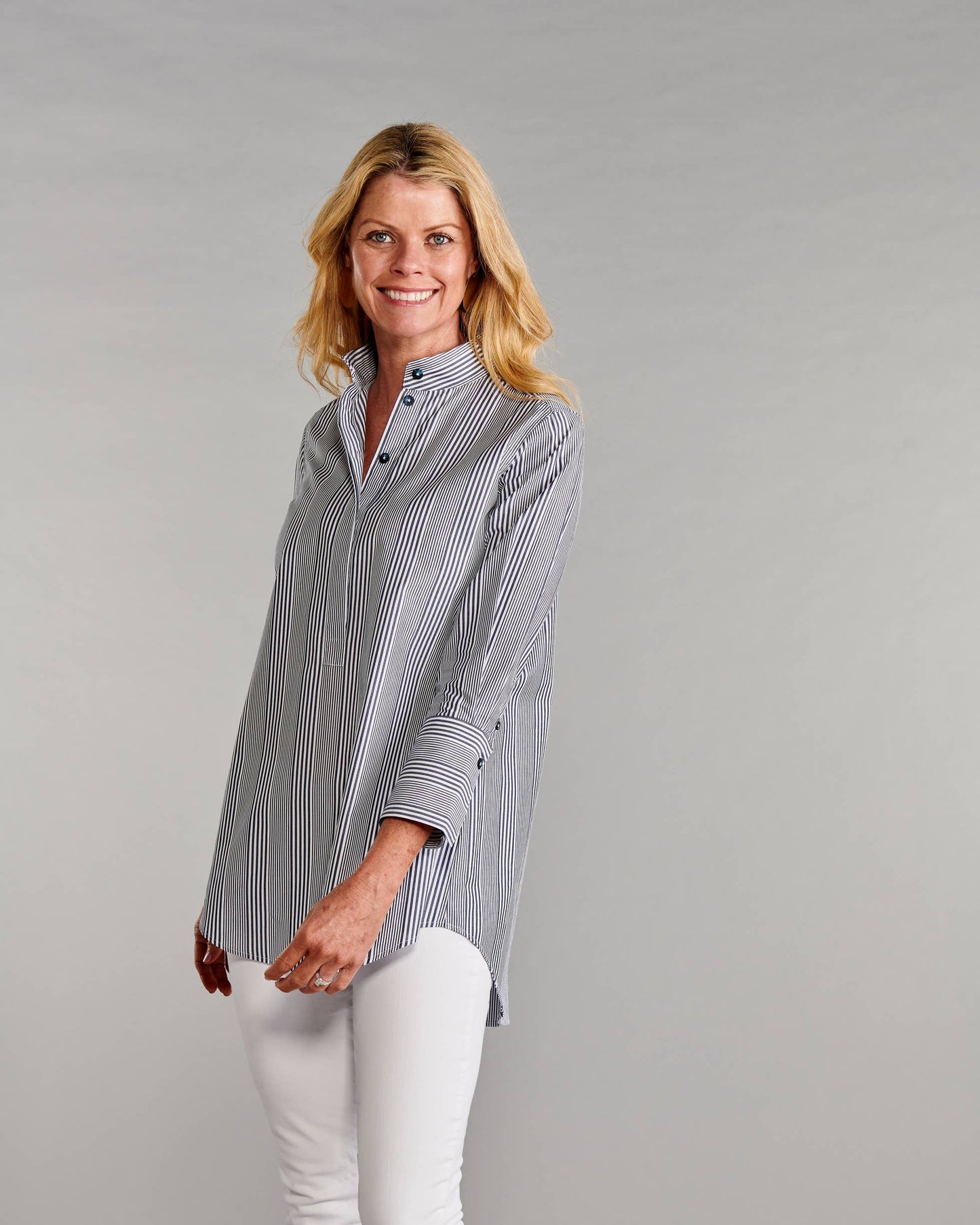 The Mandarin Tunic II in Blue with White Track Stripes