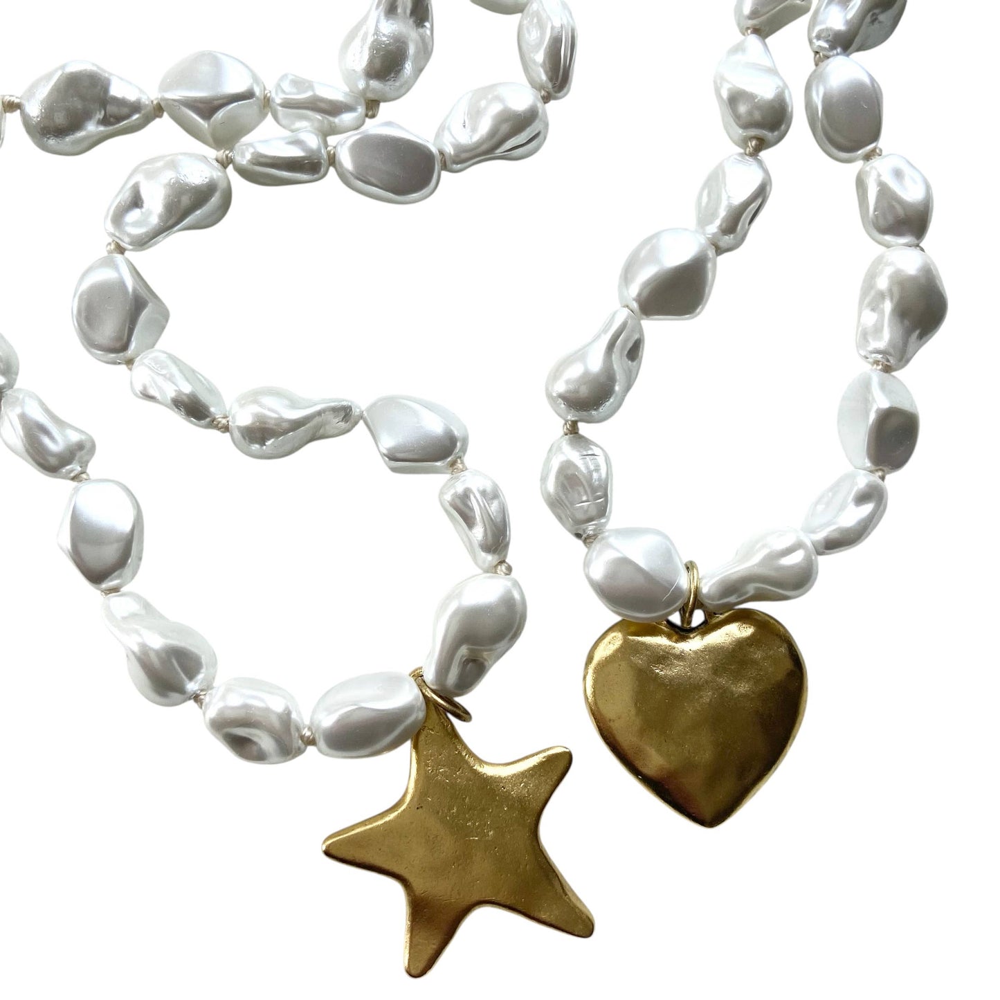 Luxe pearl strand necklace with hand casted heart or star
