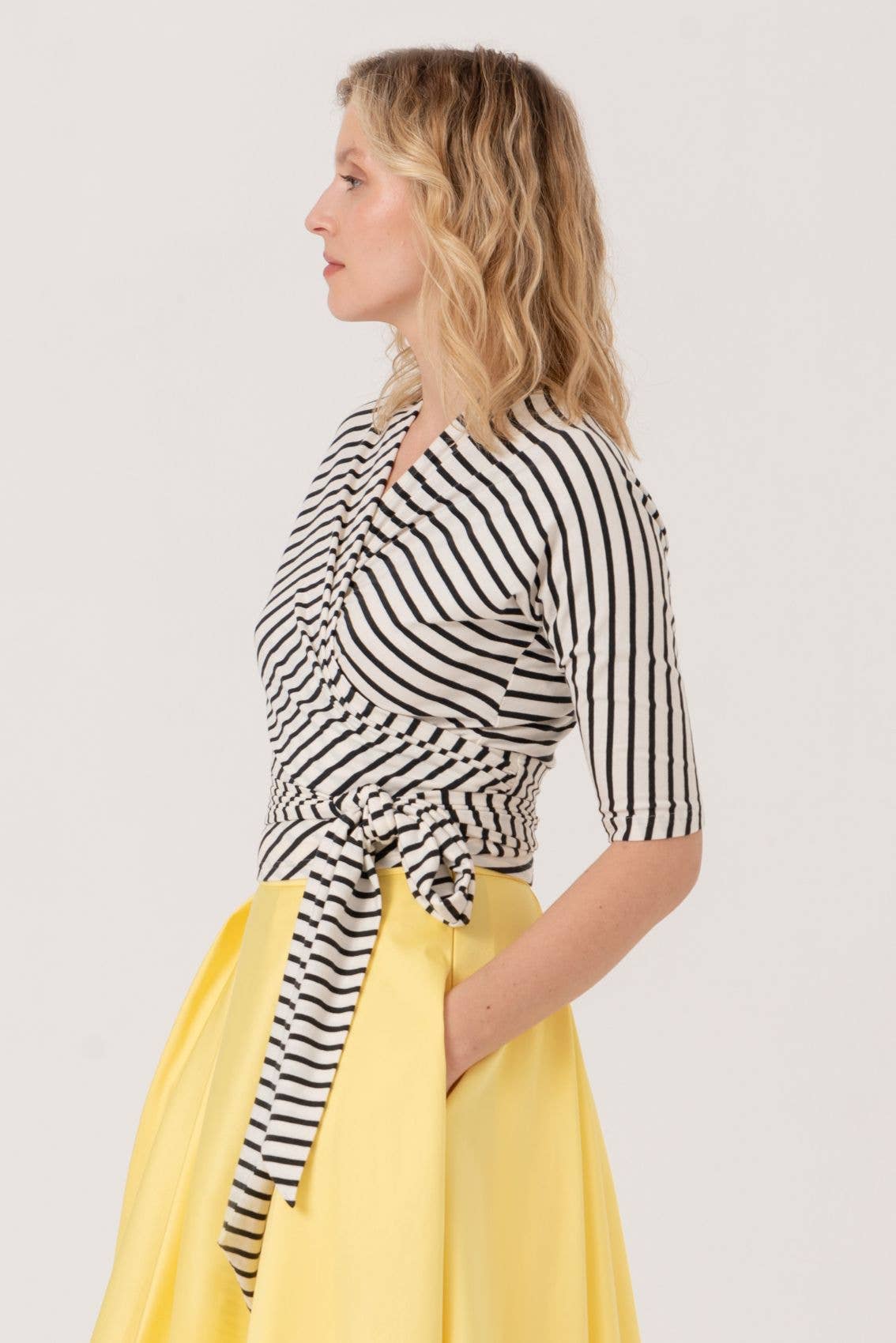 Black-Cream Striped Wrap Top