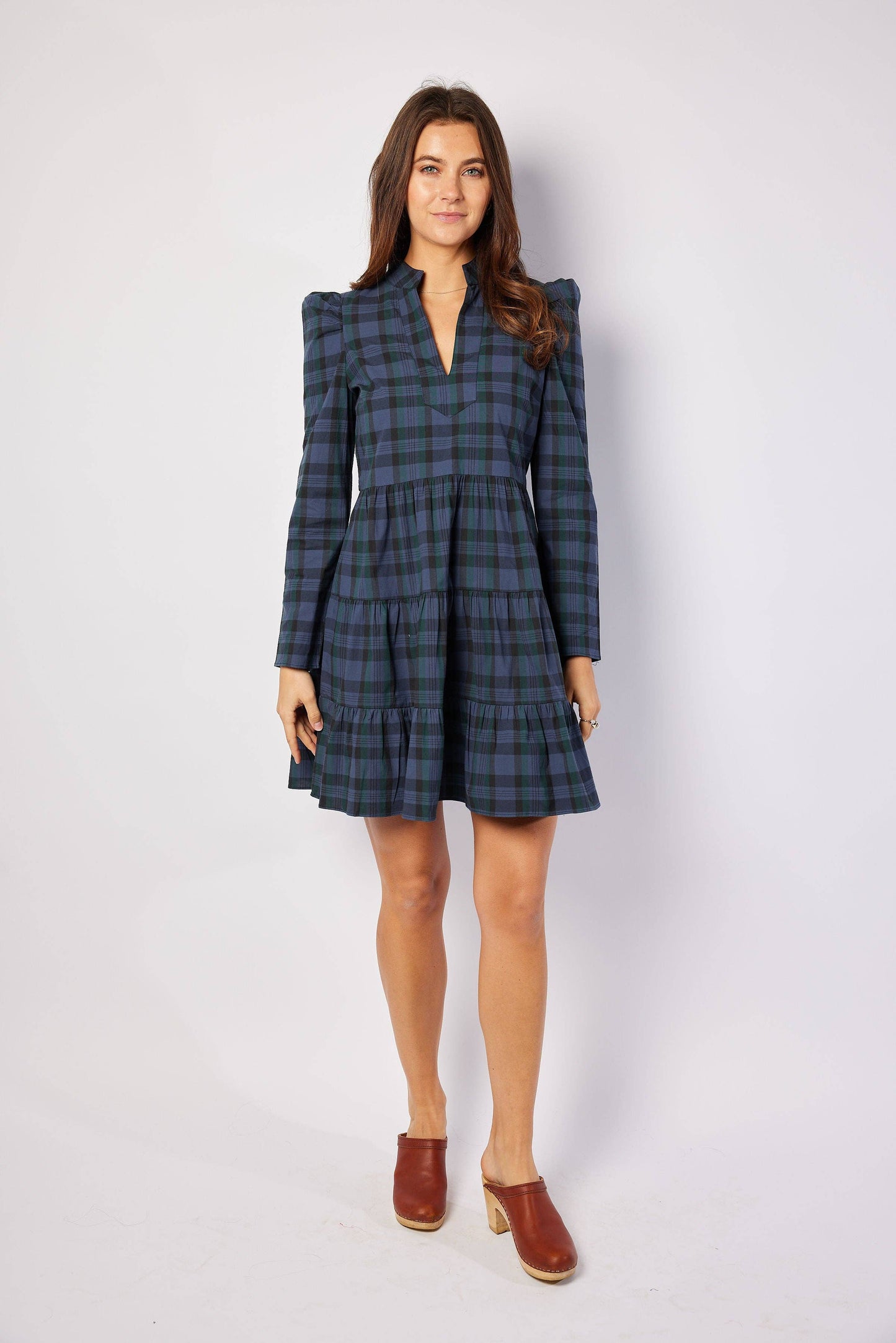 Blackwatch Plaid Long Sleeve Tunic Flare Dress
