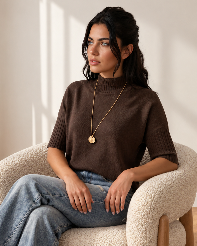 Raya High Neck Sweater | Short Sleeve Knit Top
