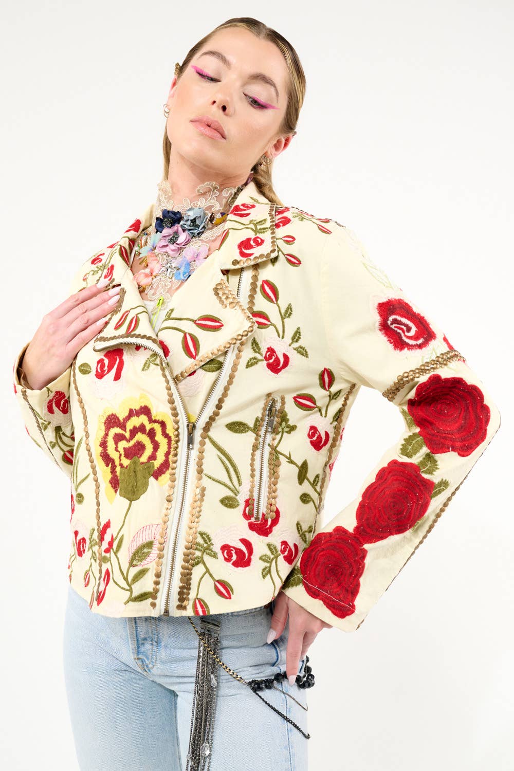 Carmen Embroidered Denim Motorcycle Jacket