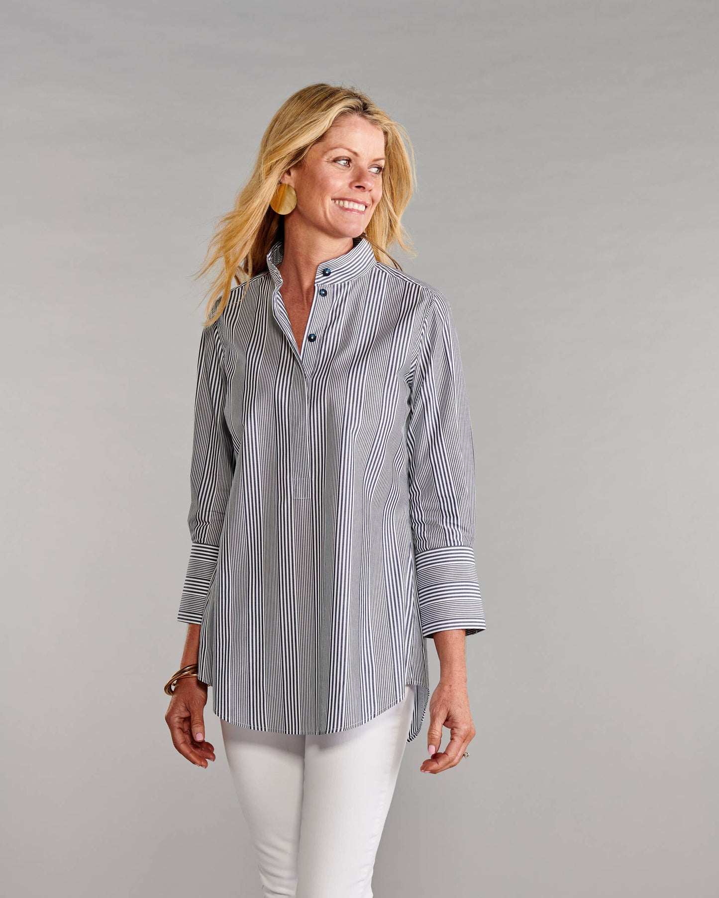 The Mandarin Tunic II in Blue with White Track Stripes