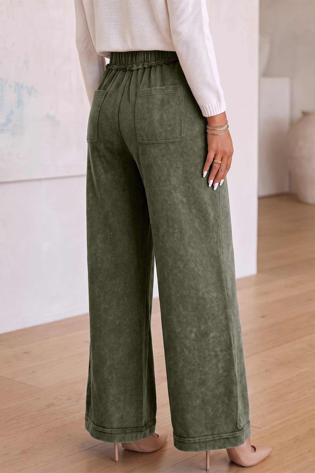 Jungle Green Mineral Wash Flare Pants | Drawstring Cotton Pa