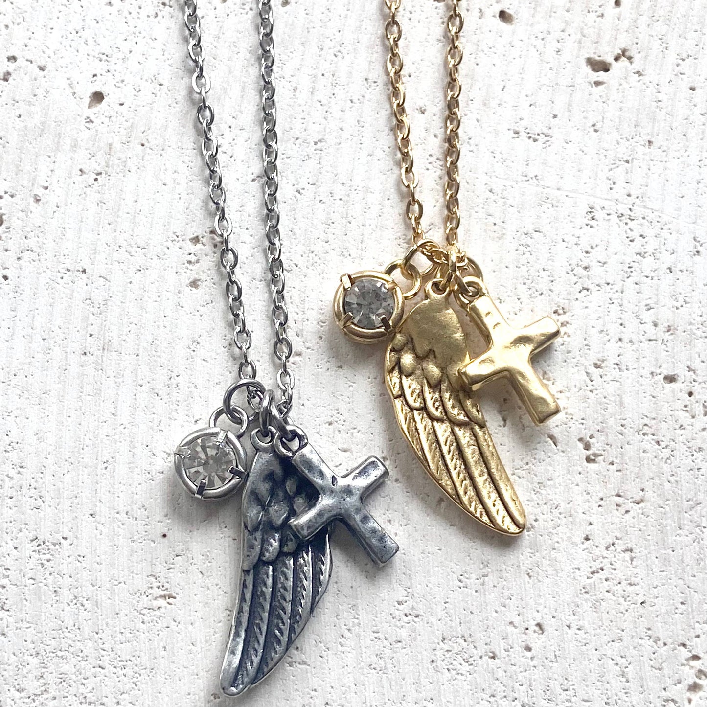 Angel wing cross crystal cluster necklace handmade jewelry 