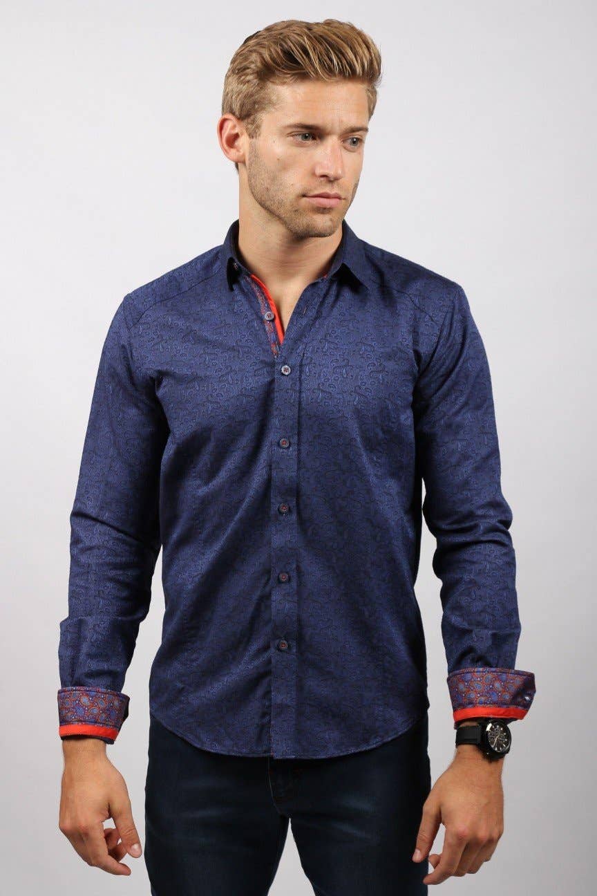 NAVY PAISLEY JACQUARD SHIRT W/TRIM