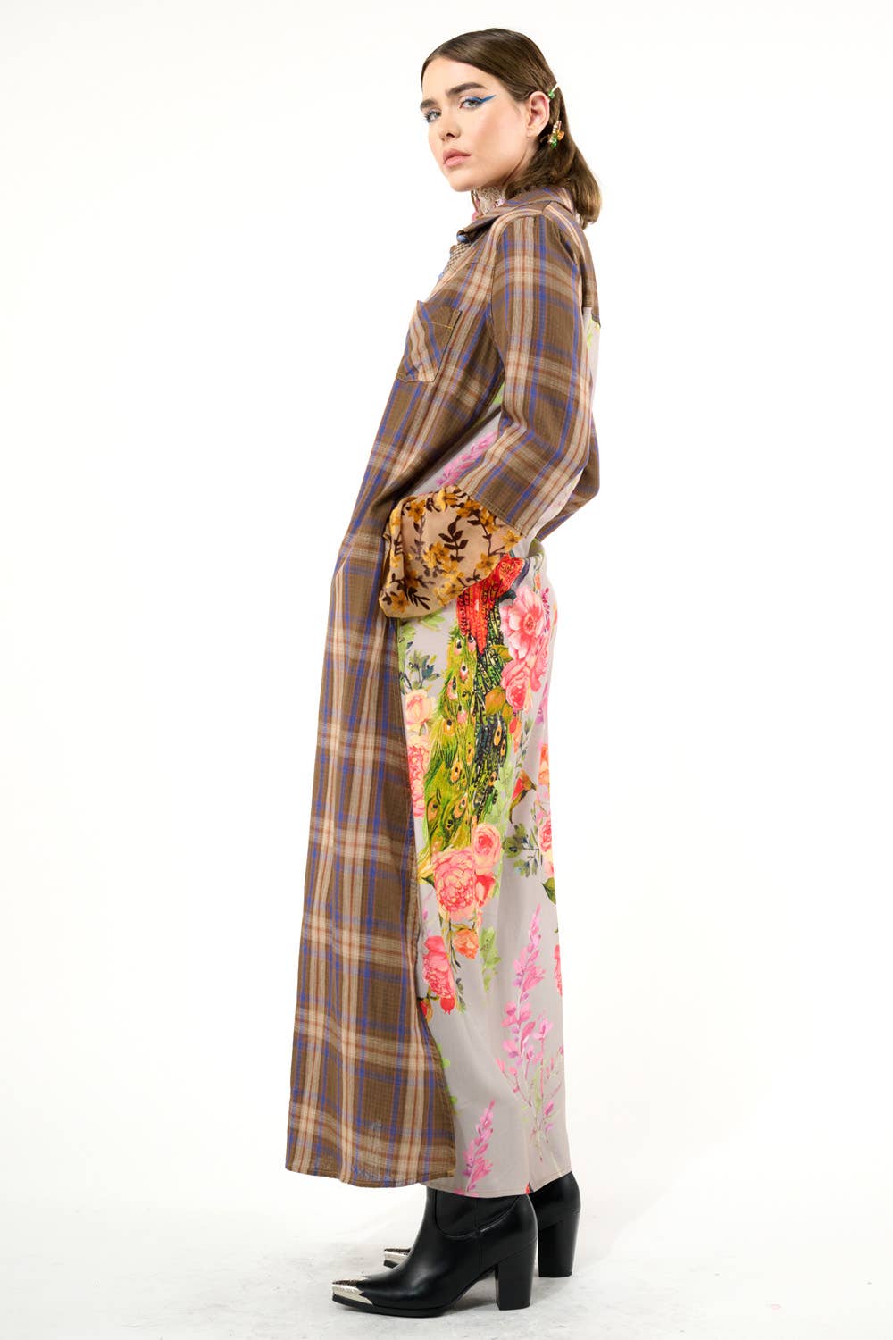 Anna Button Up Shirt Dress | Plaid Maxi | Peacock Print