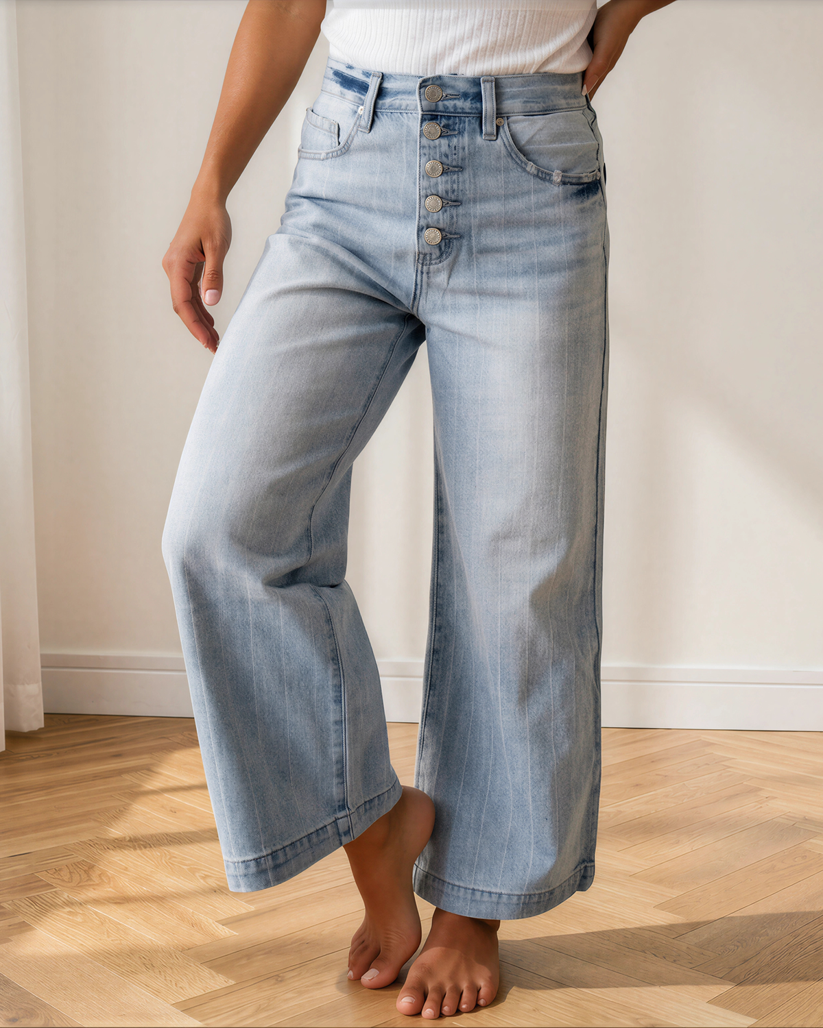 Veronica Pinstripe Wide Leg Jeans | Multi Button Denim