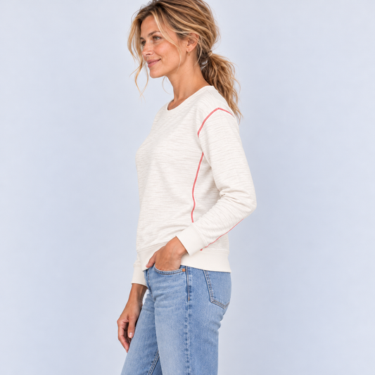 Riviera Slub Tee in Ivory with Red Stitch - Long Sleeve