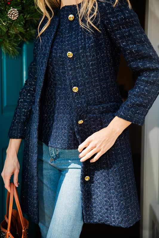 Navy Metallic Tweed Button Front Coat