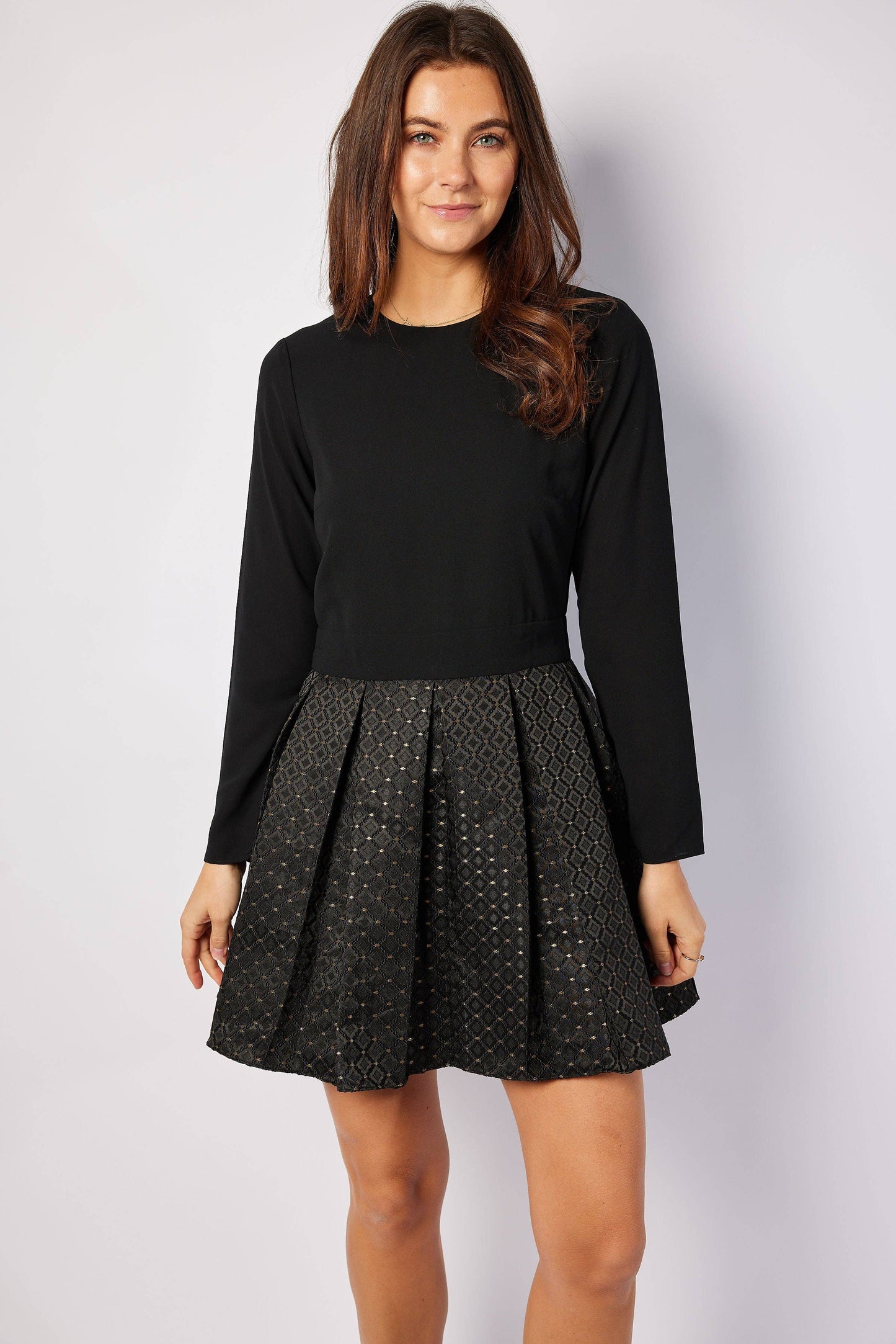 Black & Gold Jacquard Zip Back Mini Dress